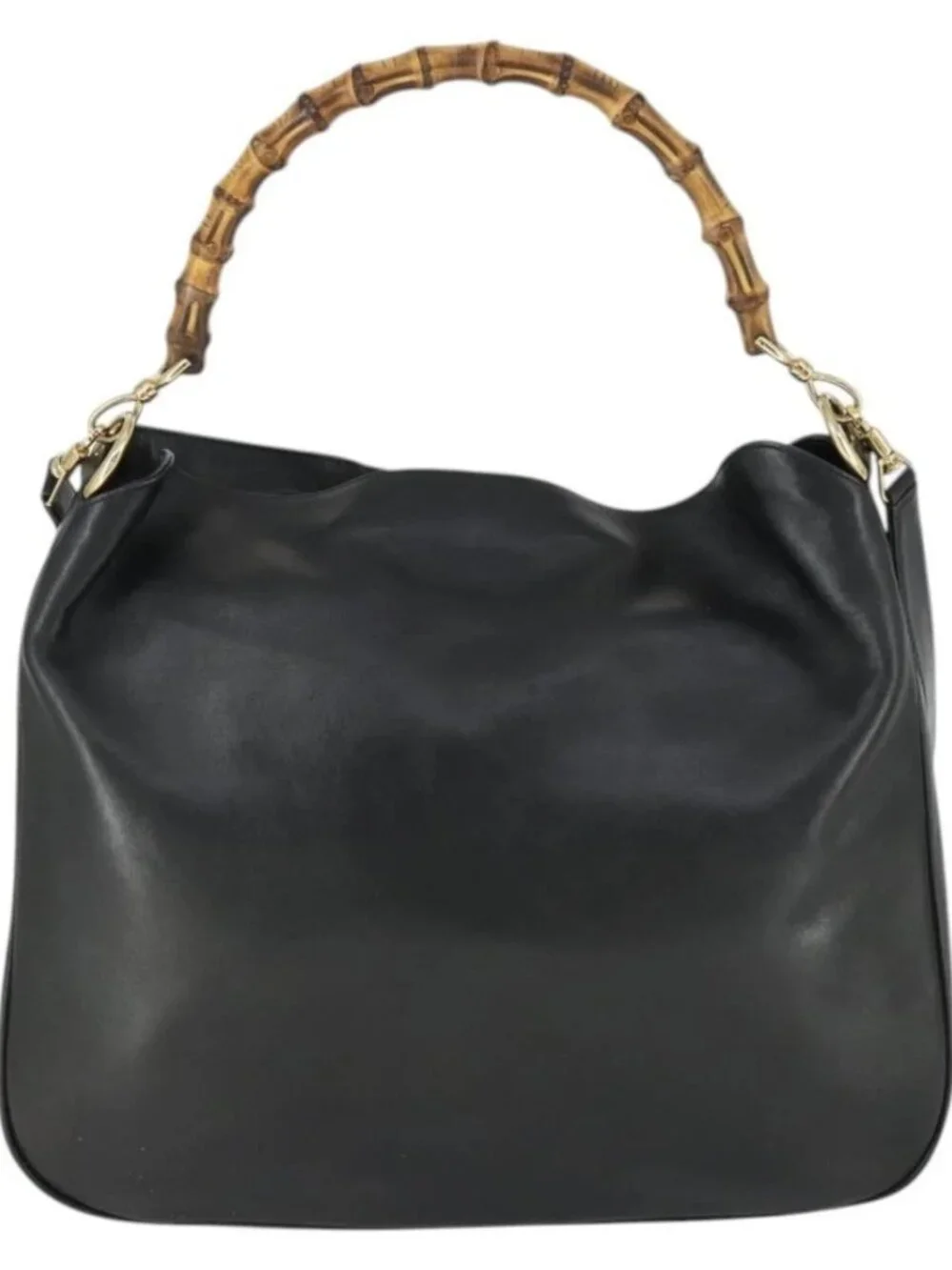 GUCCI Bamboo Shoulder Bag Leather 2way Black Gold 001 1577 Auth 166021